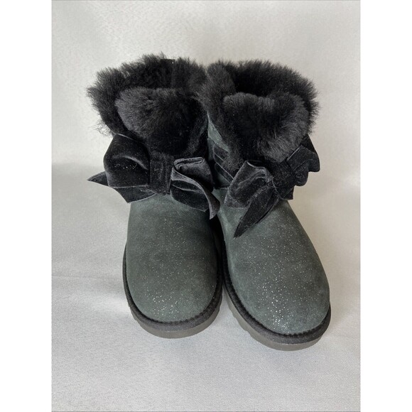 Women's Ugg Boots Sz 7 Black Gita Twinkle Bow Mini Bootie Satin Bow Glitter-like - Picture 2 of 16